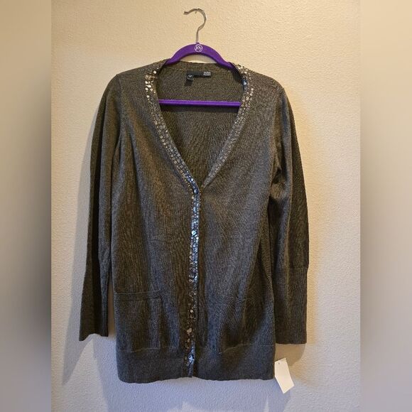 Eileen Fisher System Sequin Button Up Cardigan Olive Cotton Cashmere Medium - Picture 1 of 3